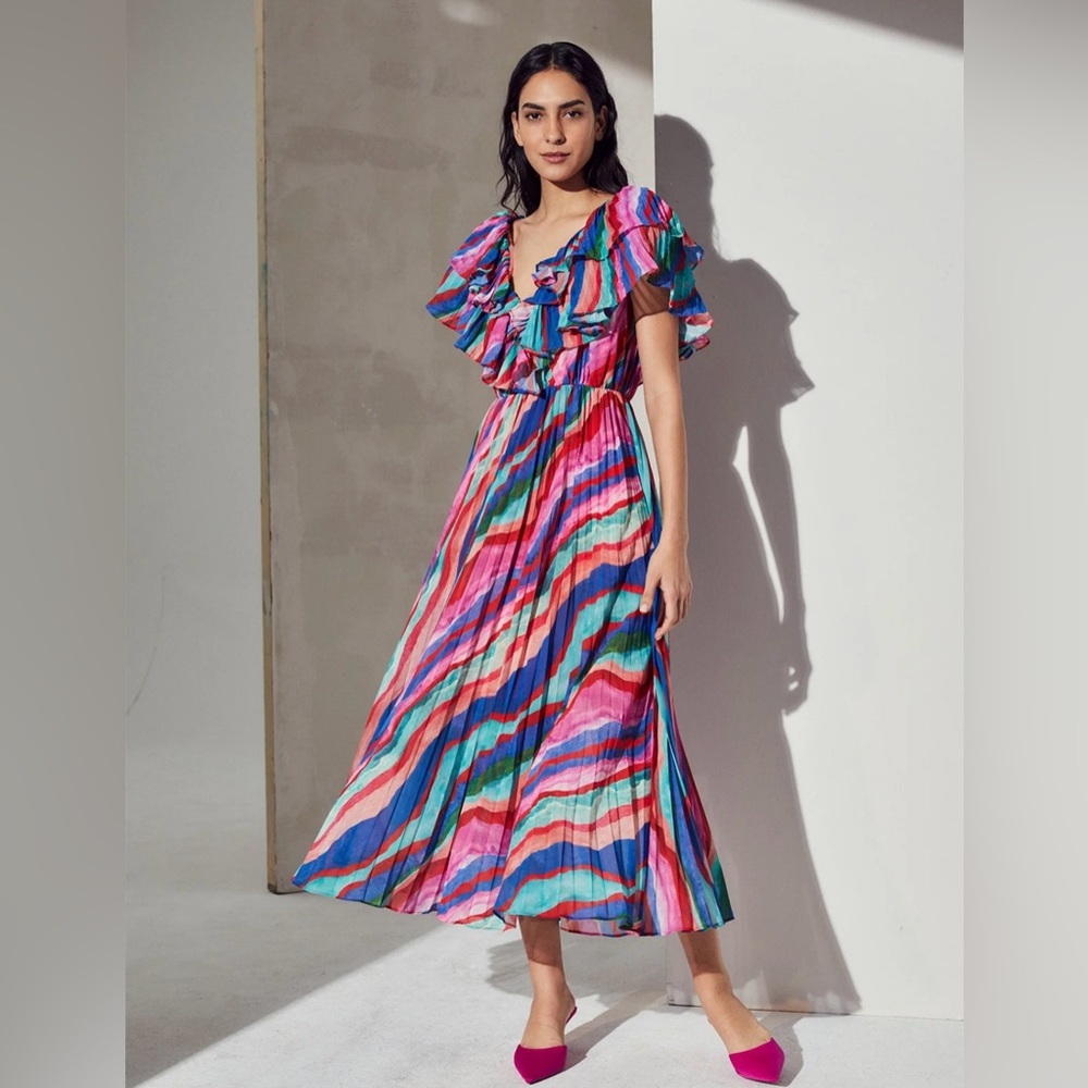 AMUR Luisa Pleated Striped Midi Dress size 2 - Picture 3 of 16